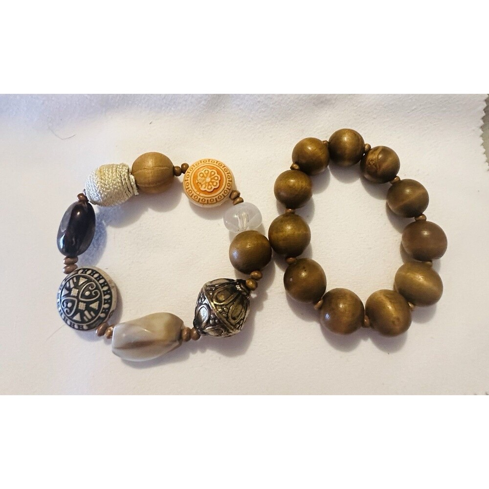 Boho Chunky Beaded Stretch Bracelet Set Wood Mixed Beads Artisan Style Neutral